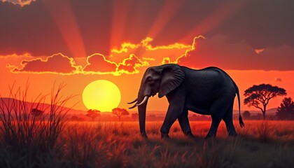 African elephant walks through savanna at sunset. Sunrise colors illuminate landscape. Animal moves calmly. Scenic landscape view. Wild animal in nature. Travel destination. Photography for nature