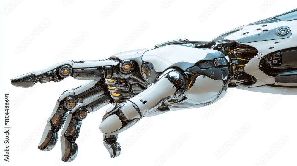 Aufkleber robotic hand with flexible knuckles and smooth design, finger pointing upward as if commanding, isol