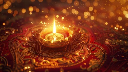 Decorative clay diya lamp with a glowing flame on a vibrant red background adorned with intricate golden patterns, celebrating the festive spirit of Diwali.
