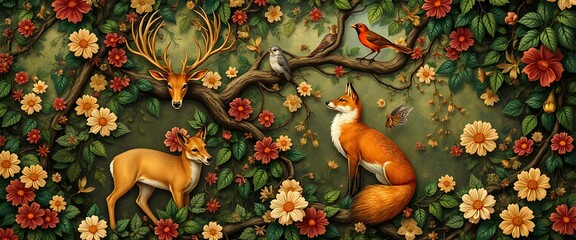 Art Nouveau Forest Animals on Vibrant Branch