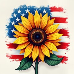 Patriotic sunflower design with American flag backdrop. Floral illustration celebrates national pride. Perfect for Independence Day Memorial Day. Vivid colors, detailed flower. Symbol of freedom,
