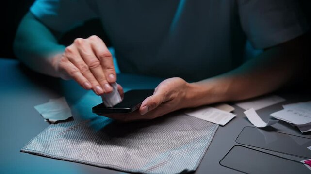 Closeup of male hands carefully wiping smartphone screen with microfiber cloth, preparing for new protective glass application, ensuring cleanliness and preventing dust particles, in dark workshop.