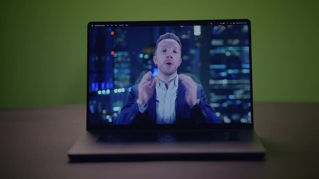A Remote News Anchor is presenting news on a Laptop Screen within a vibrant Urban Setting