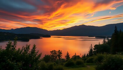 Obraz premium Vibrant Sunset over Tranquil Lake with Mountain Range