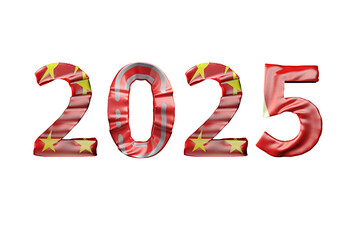 Happy New Year 2025 China Flag lettering on transparent background