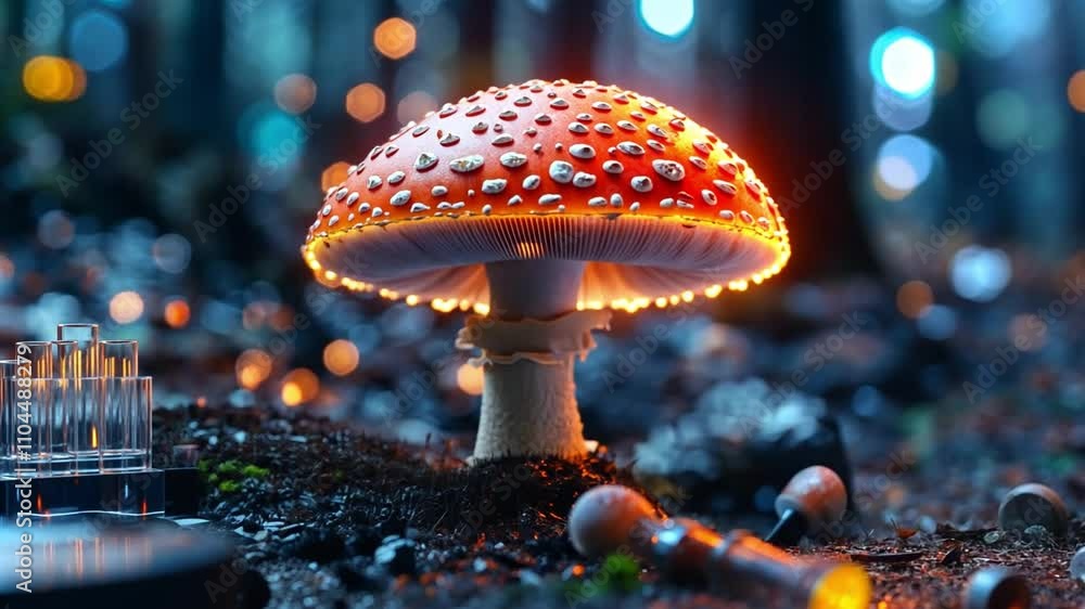 Poster glowing red mushroom with dew drops in a mystical forest during twilight hours