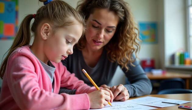 Teacher helps student with math. Girl focuses on math problem. Teacher guides student. Classroom setting. Learning. Education. Personalized instruction. Math lesson. Focus. Academic. Student learns.