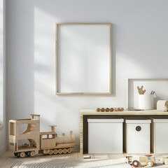 A minimalist nursery room with a large blank canvas and wooden toys