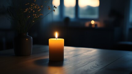 Here's a description inspired by stock image descriptions, under 100 characters:  Serene candlelight illuminates a wooden table, casting a warm glow.