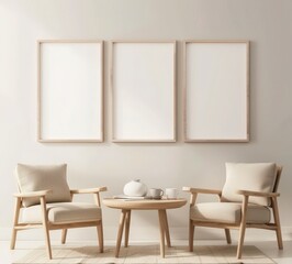 Fototapeta premium Minimalist living room interior with two armchairs. a coffee table. and three empty picture frames