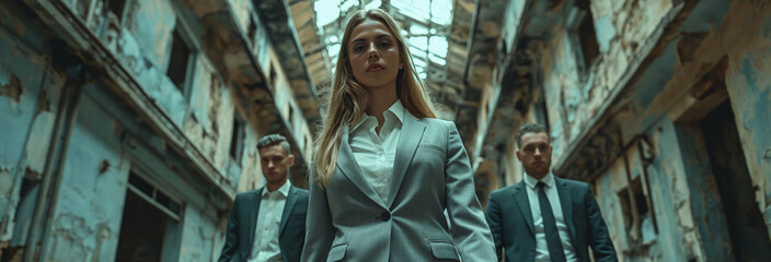 Mid-adult business woman standing with two colleagues in a derelict prison.