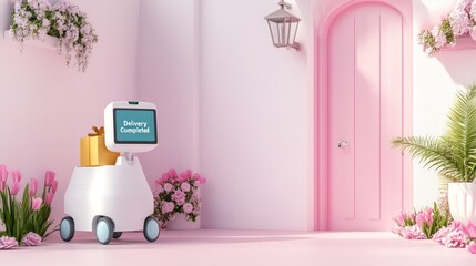 Delivery robot delivering package to pink house: automation and convenience