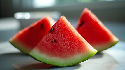 Here's a description inspired by stock image best-sellers:  Juicy watermelon slices, vibrant red flesh and green rind, glistening in sunlight.