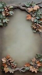 A vintage-style watercolor display showcases green leaves and branches embellished with berries, creating a simple yet symmetrical design