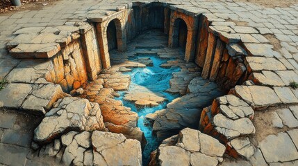 3D street art illusion of a deep chasm, revealing a vibrant blue water flow, expertly blending art with urban landscape.
