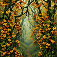 Enchanting Autumn Path through Art Nouveau Forest