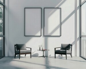 Two comfortable armchairs with a small round table in a living room with two large blank posters