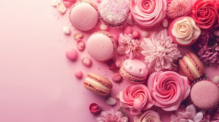 Assorted pink macarons and roses in a romantic pastel composition