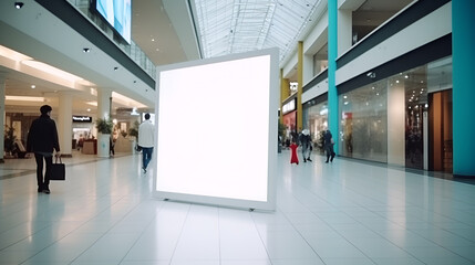 Blank indoor board mockup for commercial, framed screen space. Large blank white horizontal billboard for advertising poster, in shopping mall or shopping center.
