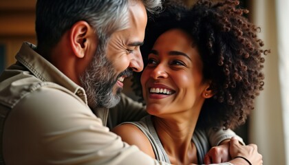 Mature couple embracing lovingly. Interracial affection shown in heartwarming portrait. Happy expression on faces. Close-up indoor view. Celebrating diversity and love.