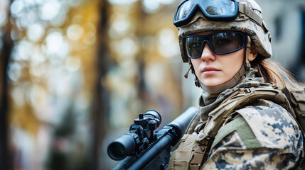 Military woman sniper in camouflage, body armor, helmet, and holding a rifle with a scope, standing against an autumn forest background with space for text