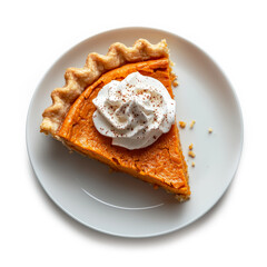 Plate with piece of fresh delicious homemade pumpkin pie on white background, top view.