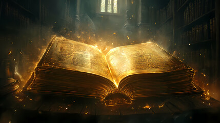 Ancient arcane tome with gilt edged pages emanating an otherworldly glow in dimly lit occult study. Arcane. Illustration