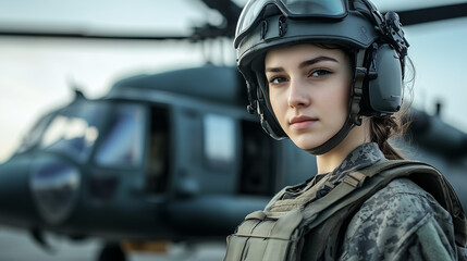 female soldier military helicopter pilot in gear and helmet standing against helicopter background with copy space representing women in military service and airborne missions
