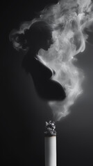 Silhouette of a pregnant woman formed from cigarette smoke above a burning cigarette, representing the severe risks of smoking during pregnancy for both mother and fetus, dark background.