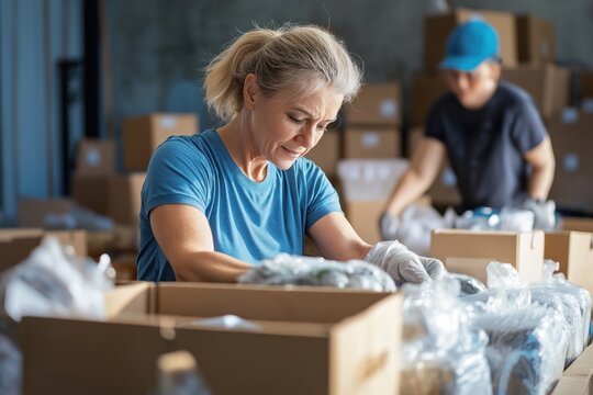 Mature volunteer sorts donations into cardboard boxes at indoor humanitarian aid center. Dedicated adult helps pack goods for distribution. People work together in social environment. Altruistic work