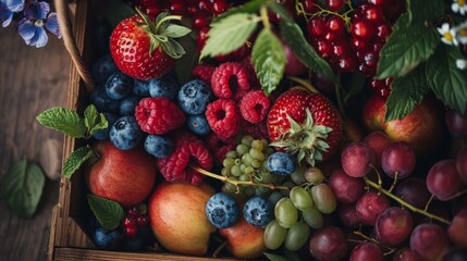 Assorted fresh fruits in a wooden crate with vibrant colors
