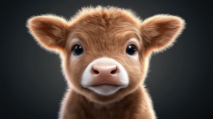 Fototapeta premium Close-up of a black baby bull with expressive eyes and a soft, shiny coat, set against a deep black background highlighting its cuteness
