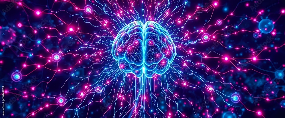 Poster Neon Cybernetic Brain Neural Network Concept - Intricate AI Style Art