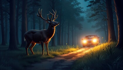 Deer startled by car headlights in dark forest at night. Wildlife encounter dramatic scene. Animal startled by vehicle. Forest road at night. Bright car lights. Nighttime forest scene. Wild animal