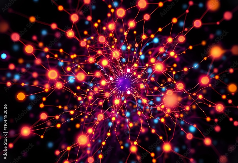 Poster dynamic neural network nexus - colorful dot explosion on dark background