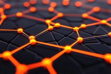 Peak energy capacity concept, A close-up of a black surface featuring interconnected geometric patterns illuminated by glowing orange nodes.