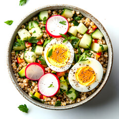 healthy breakfast. buckwheat porridge with boiled egg, radish and green herbs.  buckwheat  tabbouleh. top view with white shades, space for captions, png