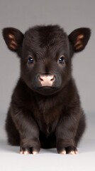 Fototapeta premium Close-up of a black baby bull with expressive eyes and a soft, shiny coat, set against a deep black background highlighting its cuteness
