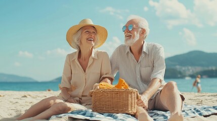 Seniors picnic on beach blanket.