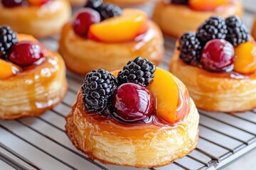 Freshly baked Danish pastries with vibrant fruit glaze featuring peaches, cherries, and blackberries