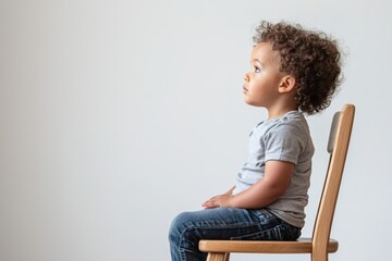 Side profile of a mixed-race toddler with curly hair sitting on a wooden chair against a plain white background.