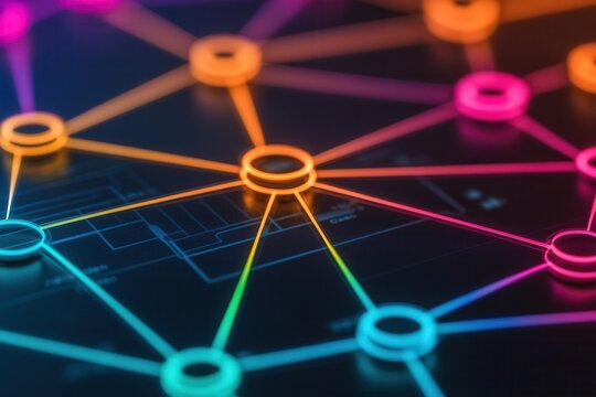 Peak energy capacity concept, A vibrant abstract network of colorful nodes and connections, symbolizing data flow and digital communication.