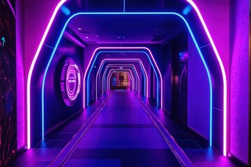 Futuristic corridor illuminated with purple and blue neon lights
