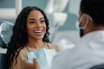 Happy black woman receiving dental care from dentist. Woman smiles, communicates happily with doctor at dental clinic. Pro care, health, hygiene highlighted. Indoor setting in dental clinic. Focus on