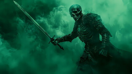 Fototapeta premium A skeletal warrior emerges from a green mist, holding a sword, in a dark and ominous scene. Arcane. Illustration