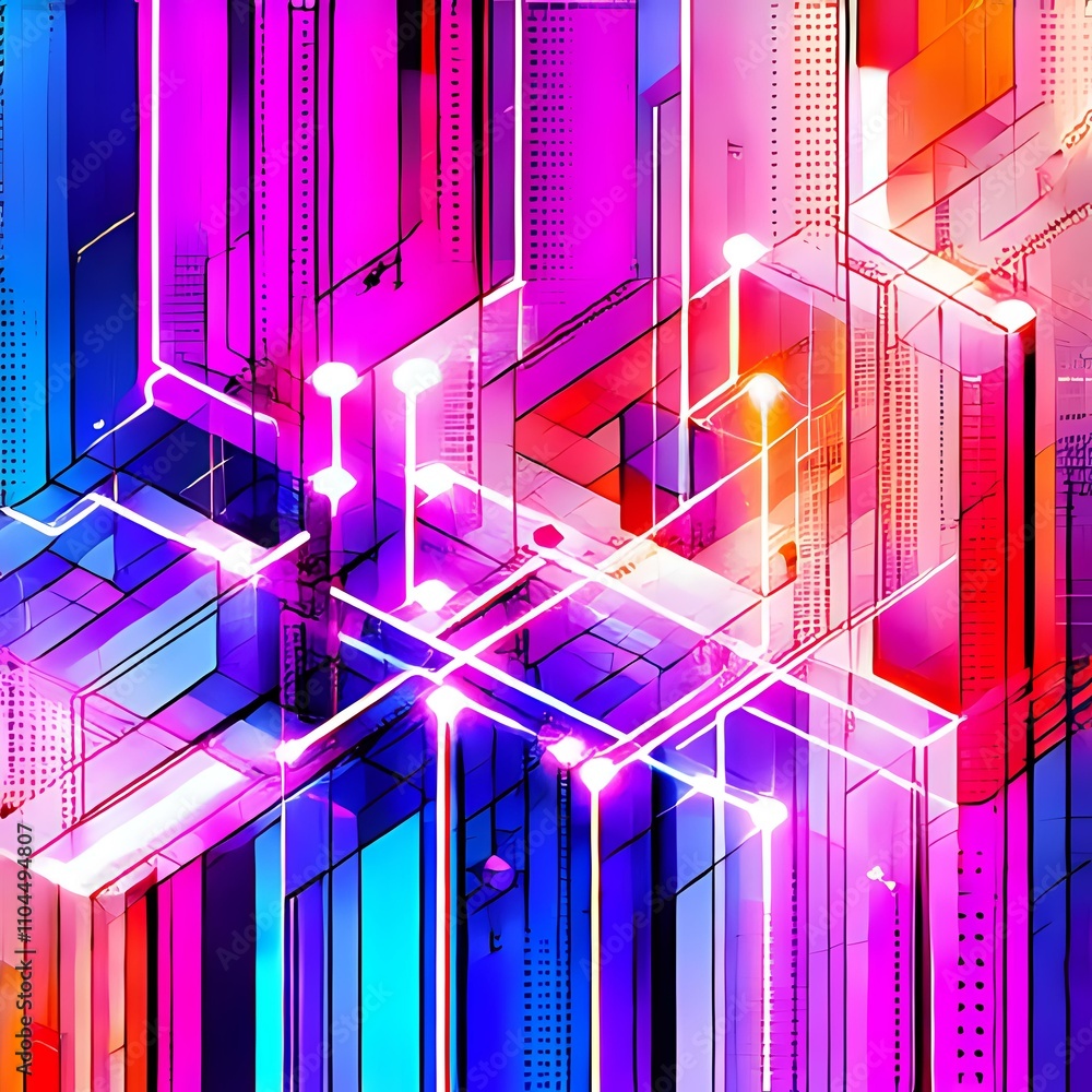 Poster futuristic data visualization: interconnected nodes in neon colors
