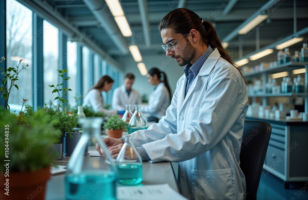 Aufkleber Scientists in modern research lab work with various tech equipment. Team of scientists analyze data, conduct experiments with beakers, liquids. Lab well-organized with plants, visible tech