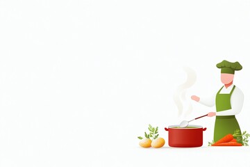 Cartoon chef stirring soup in a red pot, fresh vegetables on a minimalist white background, copy space for text, creative cooking concept, clean and simple design


