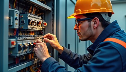 Electrician inspects intricate fuse box. Tech expert adjusts electrical panel. Professional works on power system. Focuses on system maintenance. Concentrates on intricate wiring. Work indoors. Day