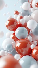 Floating spheres in red, blue, and white create a vibrant, abstract atmosphere against a dark wooden floor, evoking a sense of depth and motion